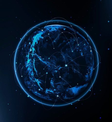 Global network technology icon vector in blue on gradient background